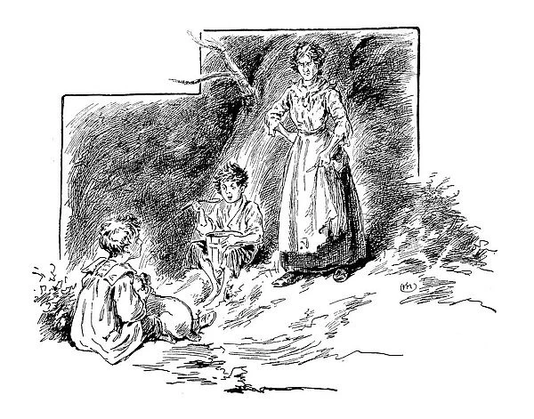 Antique childrens book comic illustration: woman with children
