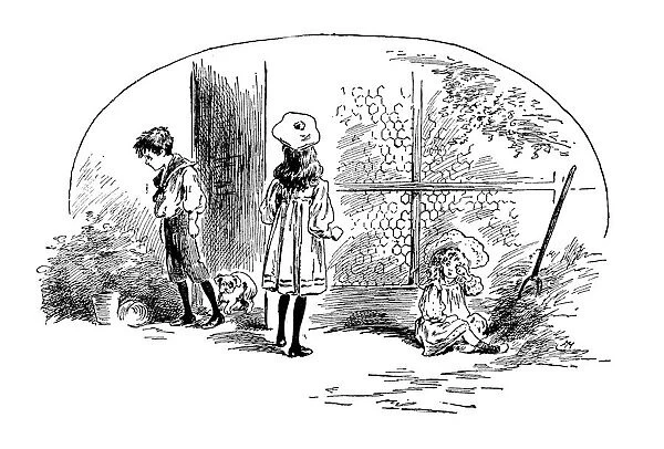 Antique childrens book comic illustration: children outdoor