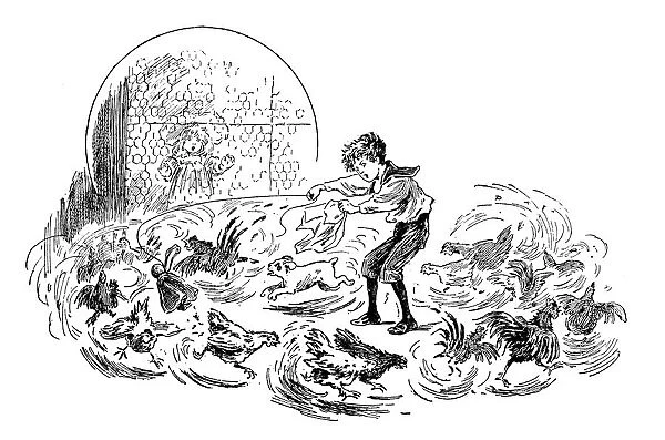 Antique childrens book comic illustration: boy with dog and chickens