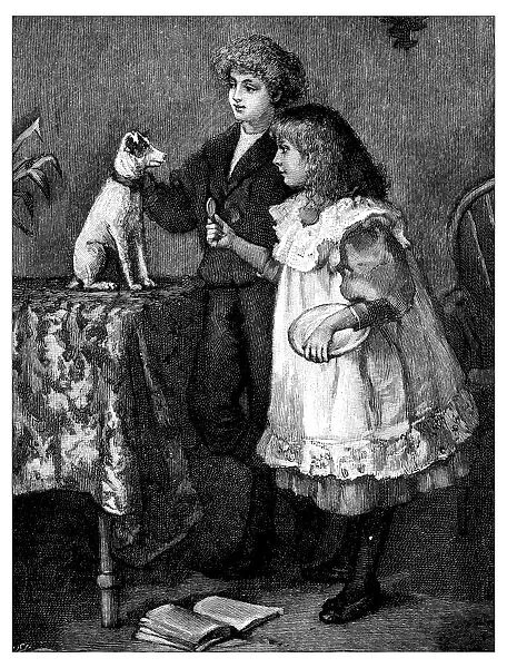 Antique childrens book comic illustration: children feeding dog