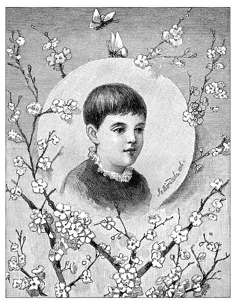Antique childrens book comic illustration: Little boy portrait with flowers