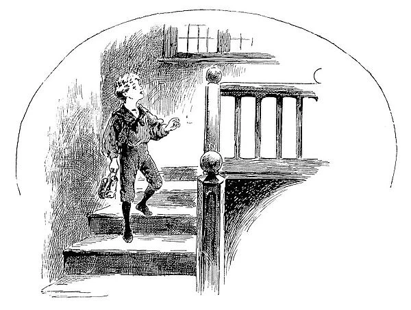 Antique childrens book comic illustration: boy on staircase holding shoes
