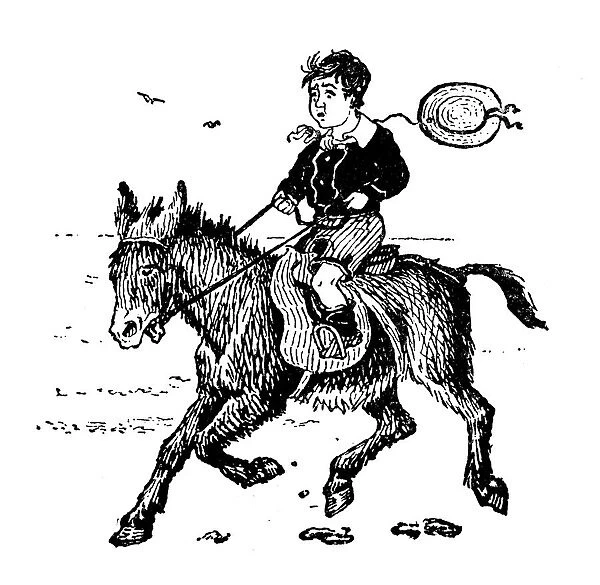 Antique childrens book comic illustration: boy riding donkey