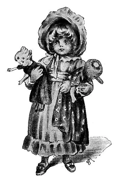 Antique childrens book comic illustration: little girl with dolls