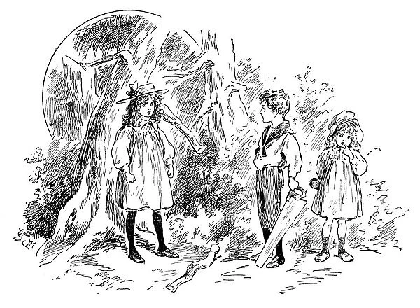 Antique childrens book comic illustration: children in woods