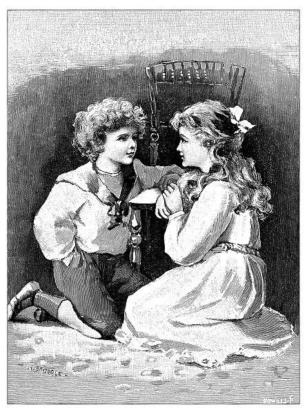 Antique childrens book comic illustration: boy and girl