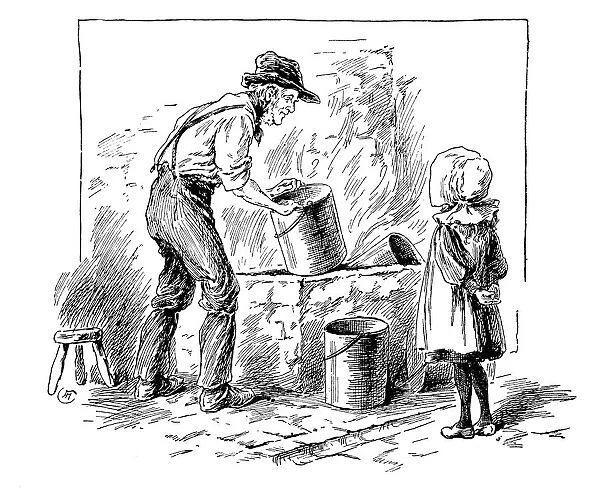 Antique childrens book comic illustration: girl and grandpa