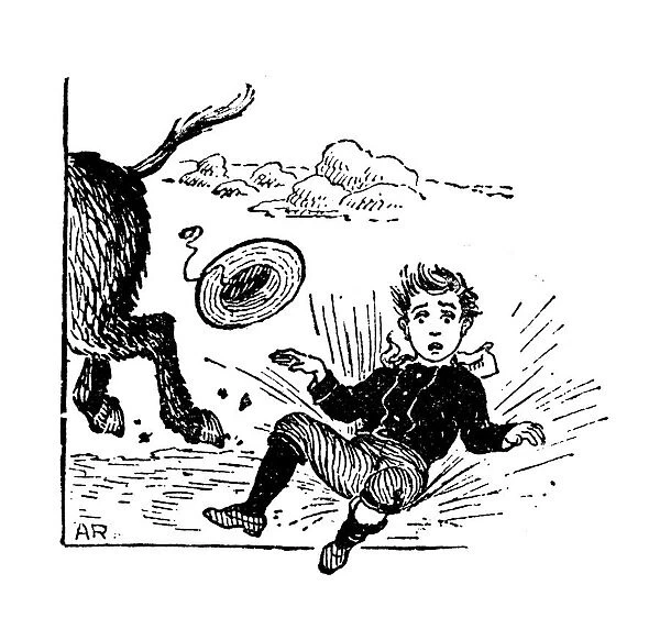 Antique childrens book comic illustration: boy falling from riding donkey
