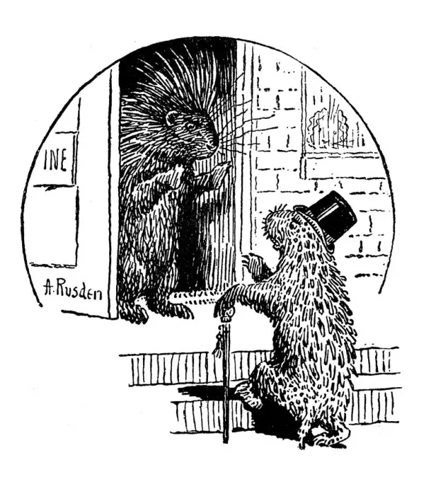 Framed Print : Antique childrens book comic illustration: animals at the door Framed Print : Antique childrens book comic illustration: animals at the door