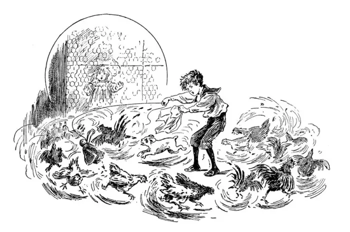 Framed Print : Antique childrens book comic illustration: boy with dog and chickens Framed Print : Antique childrens book comic illustration: boy with dog and chickens