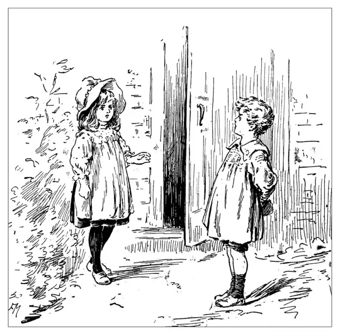 Framed Print : Antique childrens book comic illustration: boy and girl Framed Print : Antique childrens book comic illustration: boy and girl