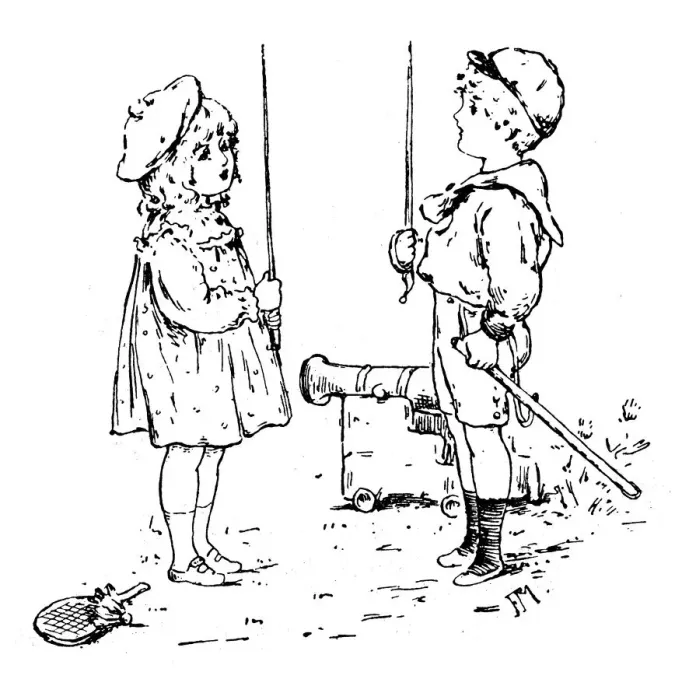 Framed Print : Antique childrens book comic illustration: boy and girl with swords Framed Print : Antique childrens book comic illustration: boy and girl with swords
