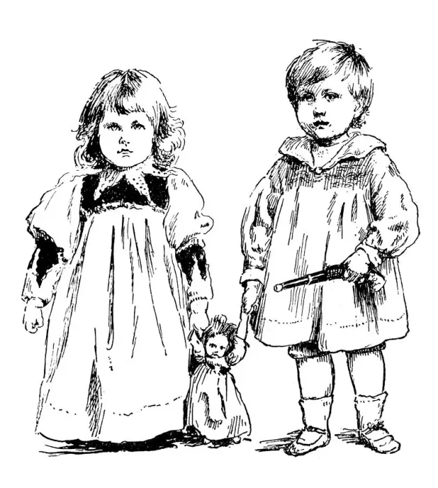 Framed Print : Antique childrens book comic illustration: boy and girl with toys Framed Print : Antique childrens book comic illustration: boy and girl with toys