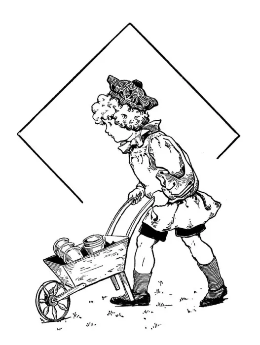 Framed Print : Antique childrens book comic illustration: boy with wheelbarrow Framed Print : Antique childrens book comic illustration: boy with wheelbarrow