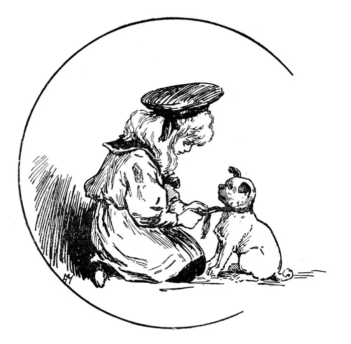 Framed Print : Antique childrens book comic illustration: child with dog Framed Print : Antique childrens book comic illustration: child with dog