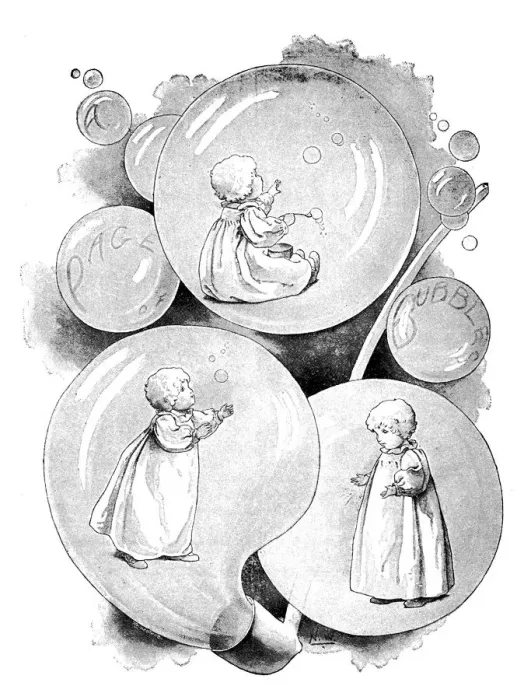 Framed Print : Antique childrens book comic illustration: child inside soap bubbles Framed Print : Antique childrens book comic illustration: child inside soap bubbles
