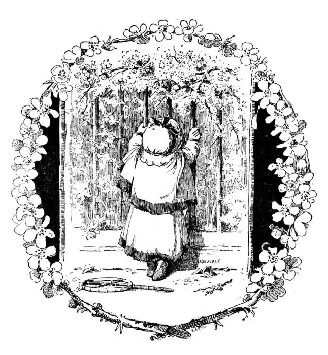 Framed Print : Antique childrens book comic illustration: child looking through gate Framed Print : Antique childrens book comic illustration: child looking through gate