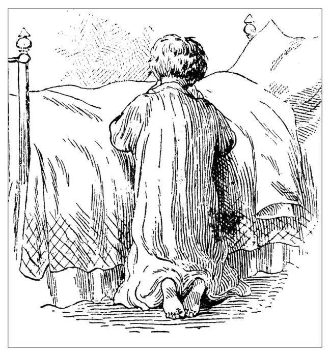 Framed Print : Antique childrens book comic illustration: child praying in bed Framed Print : Antique childrens book comic illustration: child praying in bed
