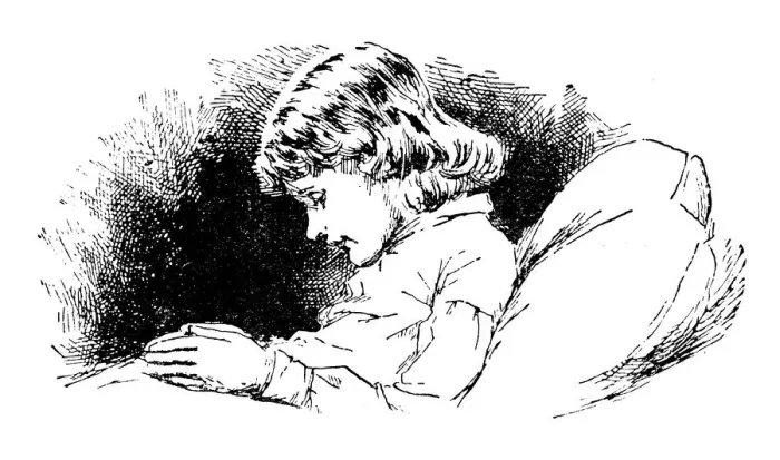 Framed Print : Antique childrens book comic illustration: child praying in bed Framed Print : Antique childrens book comic illustration: child praying in bed