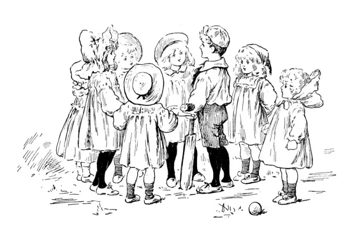 Framed Print : Antique childrens book comic illustration: children cricket match Framed Print : Antique childrens book comic illustration: children cricket match