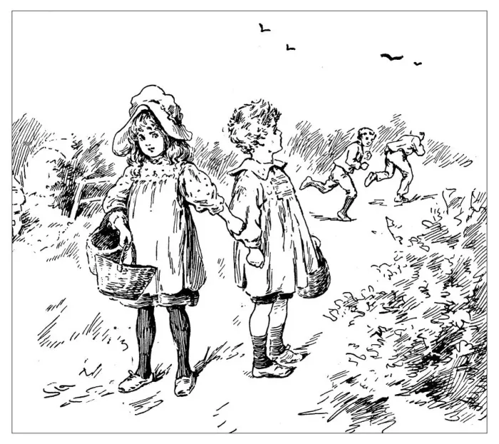Framed Print : Antique childrens book comic illustration: children outdoor Framed Print : Antique childrens book comic illustration: children outdoor