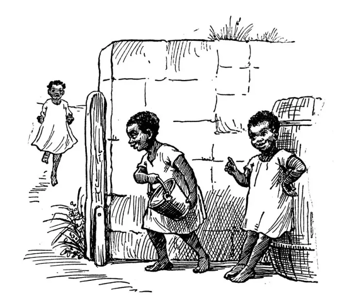 Framed Print : Antique childrens book comic illustration: children playing with water bucket Framed Print : Antique childrens book comic illustration: children playing with water bucket