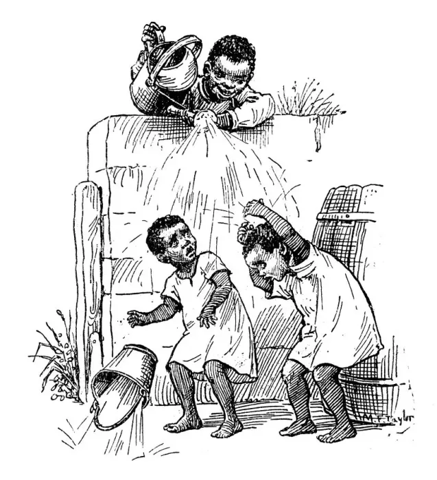 Framed Print : Antique childrens book comic illustration: children running from father Framed Print : Antique childrens book comic illustration: children running from father