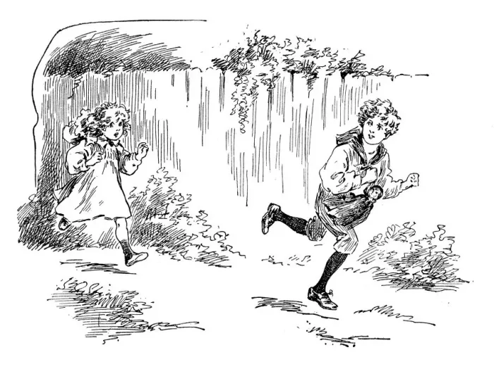 Framed Print : Antique childrens book comic illustration: children running outdoor Framed Print : Antique childrens book comic illustration: children running outdoor