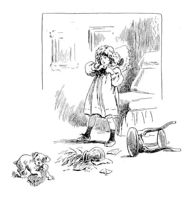 Framed Print : Antique childrens book comic illustration: dog breaking vase Framed Print : Antique childrens book comic illustration: dog breaking vase