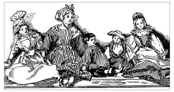 Antique childrens book comic illustration: five dolls