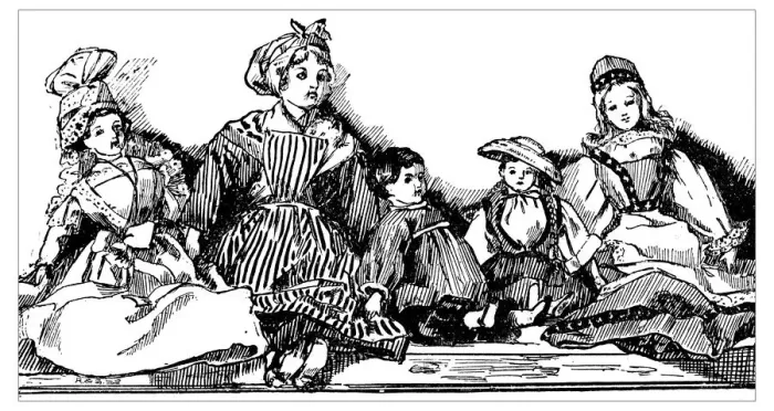 Framed Print : Antique childrens book comic illustration: five dolls Framed Print : Antique childrens book comic illustration: five dolls