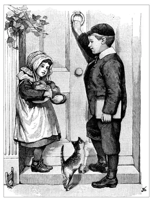 Framed Print : Antique childrens book comic illustration: girl and boy knocking door