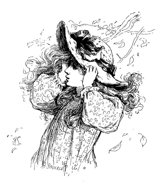 Framed Print : Antique childrens book comic illustration: girl against wind in autumn Framed Print : Antique childrens book comic illustration: girl against wind in autumn