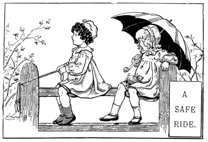 Framed Print : Antique childrens book comic illustration: girls playing on fence