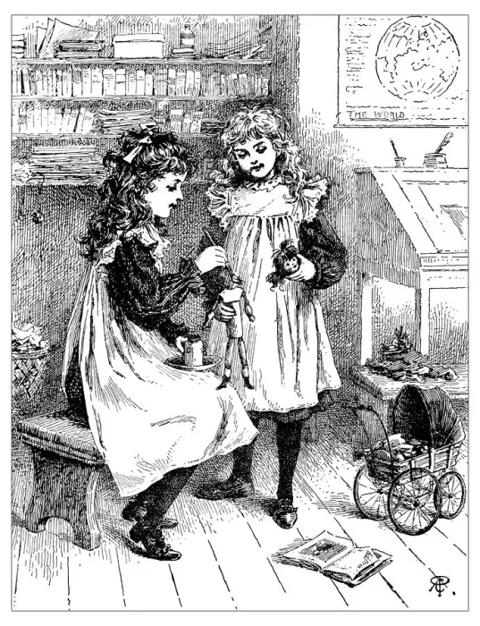 Framed Print : Antique childrens book comic illustration: girls repairing toys dolls Framed Print : Antique childrens book comic illustration: girls repairing toys dolls