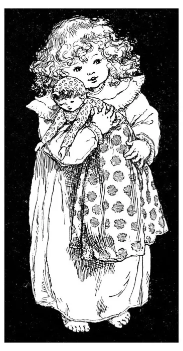 Framed Print : Antique childrens book comic illustration: little girl with doll Framed Print : Antique childrens book comic illustration: little girl with doll