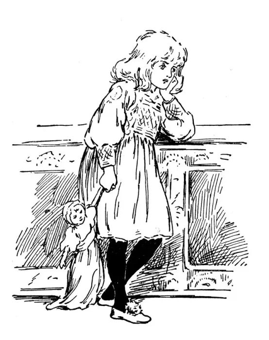 Framed Print : Antique childrens book comic illustration: little girl with doll Framed Print : Antique childrens book comic illustration: little girl with doll