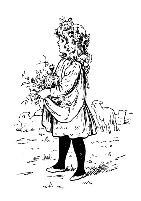 Framed Print : Antique childrens book comic illustration: little girl with flowers Framed Print : Antique childrens book comic illustration: little girl with flowers