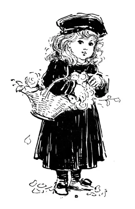Framed Print : Antique childrens book comic illustration: little girl with flowers Framed Print : Antique childrens book comic illustration: little girl with flowers