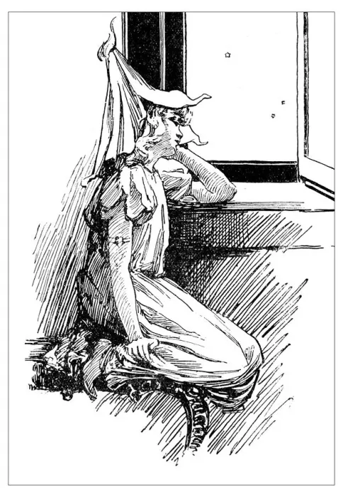 Framed Print : Antique childrens book comic illustration: little girl looking outside window Framed Print : Antique childrens book comic illustration: little girl looking outside window