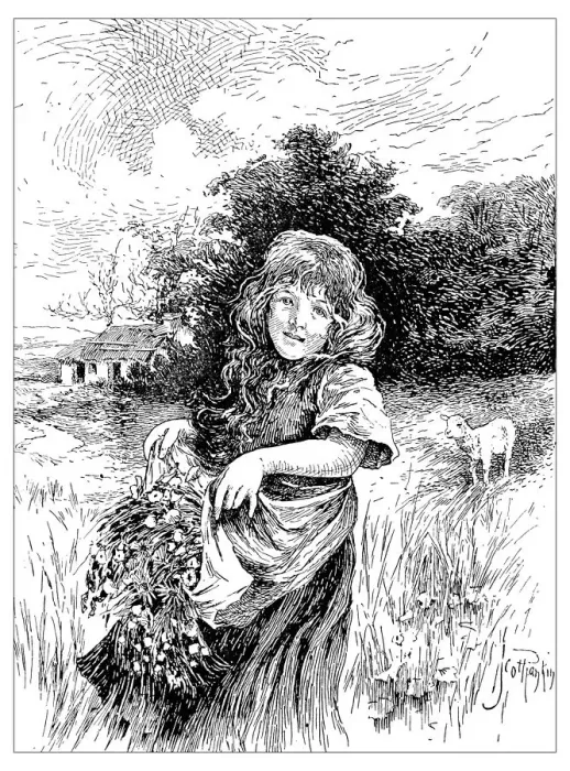 Framed Print : Antique childrens book comic illustration: little girl outdoor Framed Print : Antique childrens book comic illustration: little girl outdoor