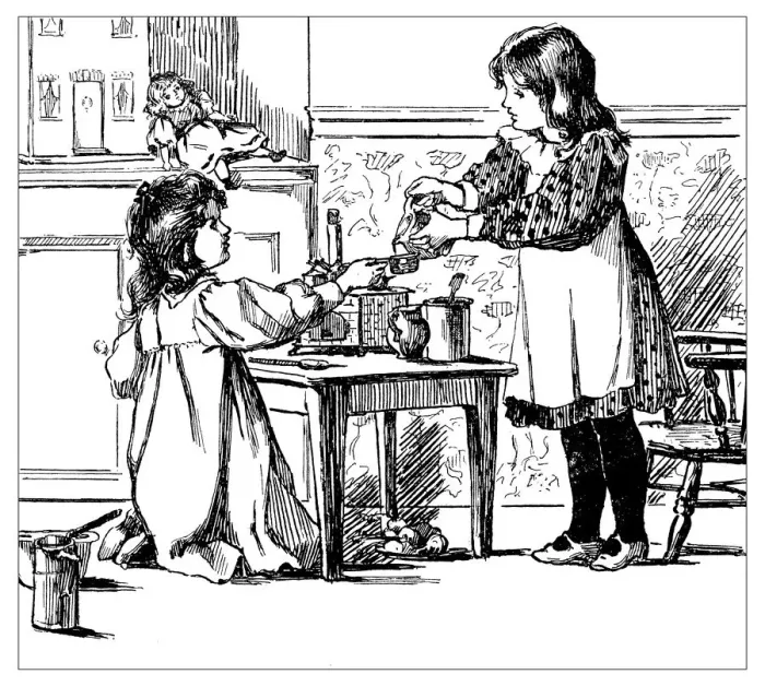 Framed Print : Antique childrens book comic illustration: little girls playing Framed Print : Antique childrens book comic illustration: little girls playing