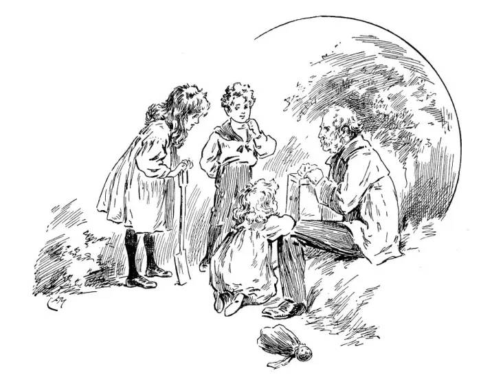 Framed Print : Antique childrens book comic illustration: man with children Framed Print : Antique childrens book comic illustration: man with children