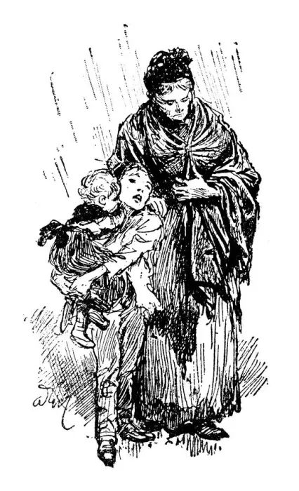 Framed Print : Antique childrens book comic illustration: mother with children under rain Framed Print : Antique childrens book comic illustration: mother with children under rain