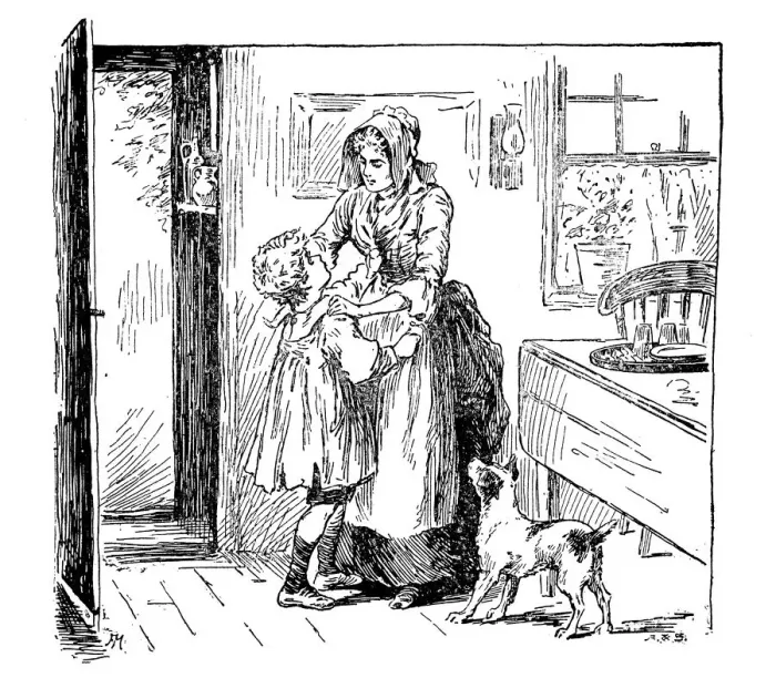 Framed Print : Antique childrens book comic illustration: mother and son indoor Framed Print : Antique childrens book comic illustration: mother and son indoor