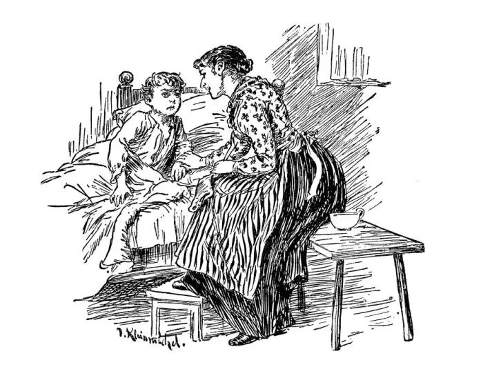 Framed Print : Antique childrens book comic illustration: mother talking to son