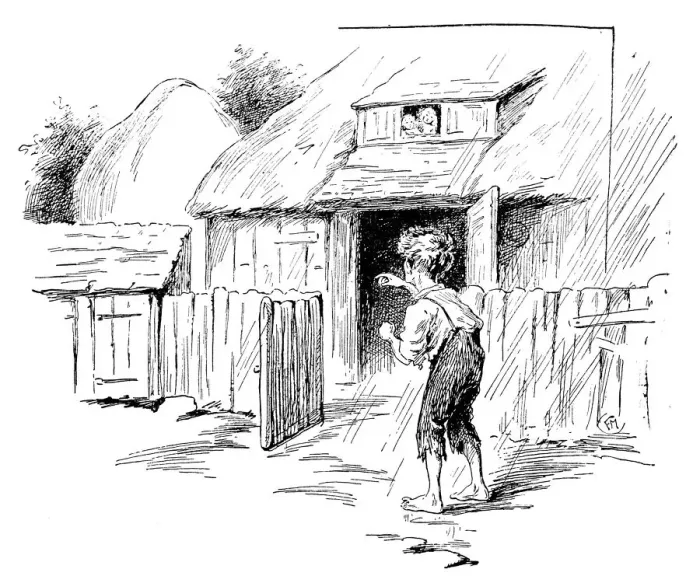 Framed Print : Antique childrens book comic illustration: poor boy outdoor Framed Print : Antique childrens book comic illustration: poor boy outdoor