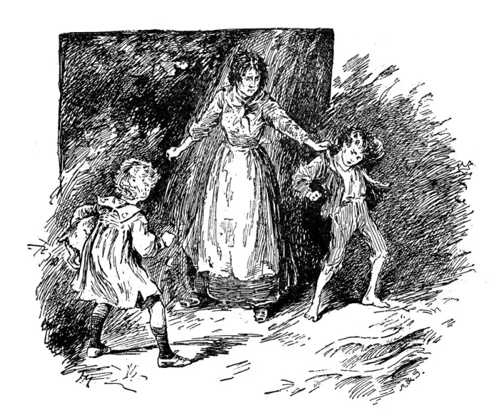 Framed Print : Antique childrens book comic illustration: woman with children Framed Print : Antique childrens book comic illustration: woman with children
