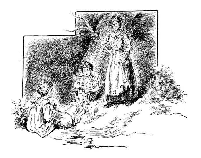 Framed Print : Antique childrens book comic illustration: woman with children Framed Print : Antique childrens book comic illustration: woman with children