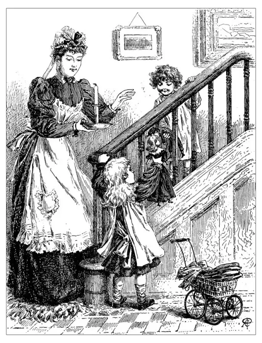 Framed Print : Antique childrens book comic illustration: woman with children indoor Framed Print : Antique childrens book comic illustration: woman with children indoor